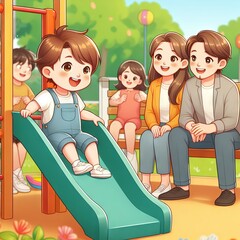 Illustration of kids on a slide with parents sitting next to it