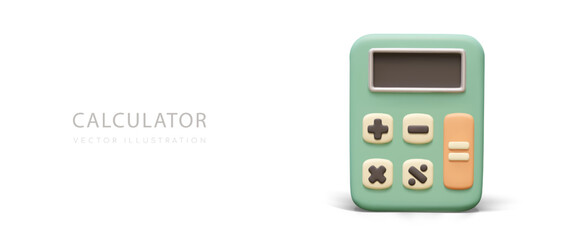 Poster with green calculator for accountant use. Concept of budget