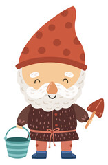Garden dwarf character. Cute tiny man with shovel