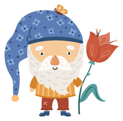 Garden gnome with tulip. Cute tiny old man with beard