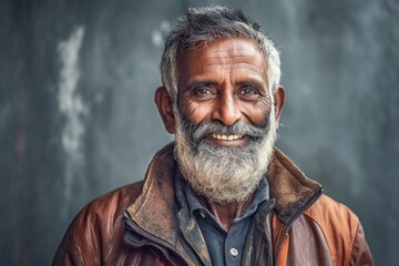 Obraz premium Portrait of a cheerful indian man in his 70s dressed in a water-resistant gilet against a bare concrete or plaster wall. AI Generation