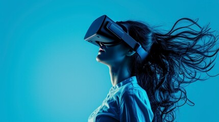 beautiful woman with virtual reality glasses on light blue background in high resolution and quality. virtual reality concept