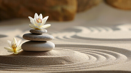 Lily on spa stones in a zen garden, spirituality background 