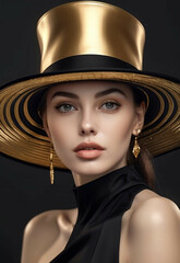 Portrait Elegant woman with hat black and gold , Modern art