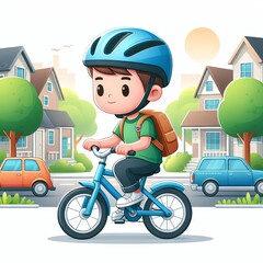 Illustration of a child cycling in a residential neighborhood