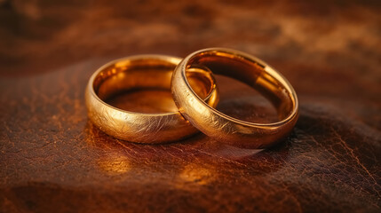 deux alliances, posées sur un morceaux de cuir pour symboliser les noces de cuir pour 2 ans de mariage. - obrazy, fototapety, plakaty