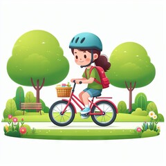 Illustration of a kid cycling in the park