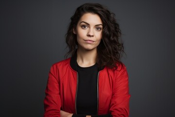 Portrait of a glad woman in her 30s sporting a stylish varsity jacket against a blank studio backdrop. AI Generation