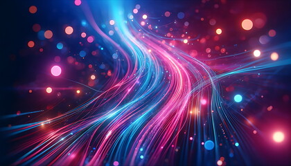 abstract background with pink blue glowing neon lines and bokeh lights. - obrazy, fototapety, plakaty