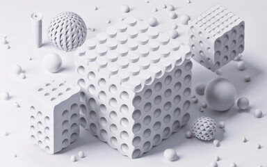 Abstract white geometric composition, white background, 3d design render