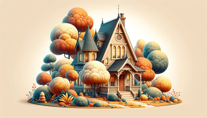 A whimsical illustration of a Victorian house nestled among stylized fluffy trees under a clear sky creates a sense of magical charm. AI generated.