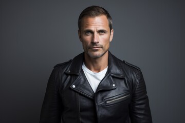 Obraz premium Portrait of a blissful man in his 40s sporting a classic leather jacket against a blank studio backdrop. AI Generation