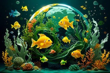 marine aquarium green and yellow fish eating and blowing up under the sea with corals and other sea creatures.