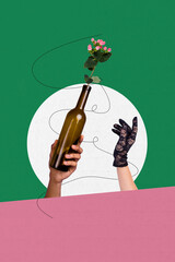 Vertical placard collage of hands holding bottle with bouquet flowers like present for happy valentine day isolated on green background