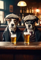 Dogs at the bar drinking beer , Mafia clothes , animal with a hat