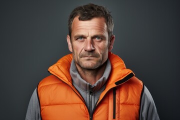 Fototapeta premium Portrait of a satisfied man in his 40s dressed in a thermal insulation vest against a blank studio backdrop. AI Generation
