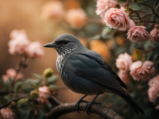 Tiny Blackbird Rests in a Springtime Wonderland, Pink Blooms Paint the Sky with Joy