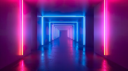 Abstract background of a hallway lit in blue and violet neon light. Empty space of ultraviolet light in 80s retro style.