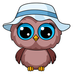 Fuuny owl in summer hat. Cartoon bird mascot
