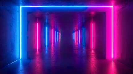 Abstract background of a hallway lit in blue and violet neon light. Empty space of ultraviolet light in 80s retro style. - obrazy, fototapety, plakaty