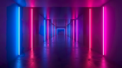 Abstract background of a hallway lit in blue and violet neon light. Empty space of ultraviolet light in 80s retro style.
