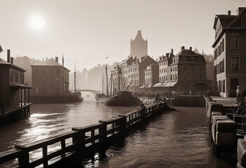 Vintage black and white (sepia) photograph of the old town of the 19th century with fog and smoke, streets in the old town, Old photograph,