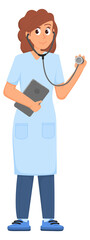 Fototapeta premium Smiling doctor. Woman in white coat working with stethoscope