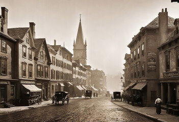 Vintage black and white (sepia) photograph of the old town of the 19th century with fog and smoke,...