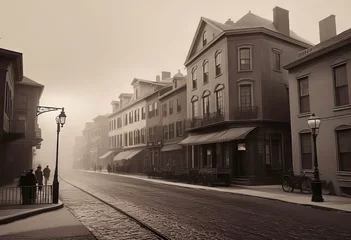 Foto op Plexiglas Vintage black and white (sepia) photograph of the old town of the 19th century with fog and smoke, streets in the old town, Old photograph, © Perecciv