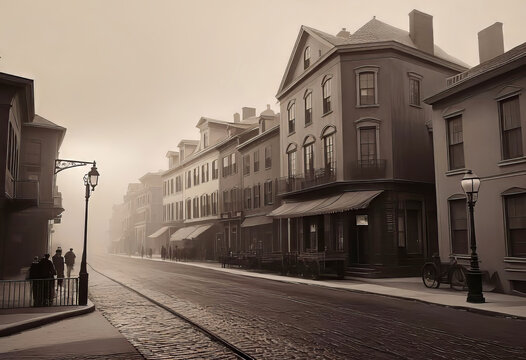 Fototapeta Vintage black and white (sepia) photograph of the old town of the 19th century with fog and smoke, streets in the old town, Old photograph,