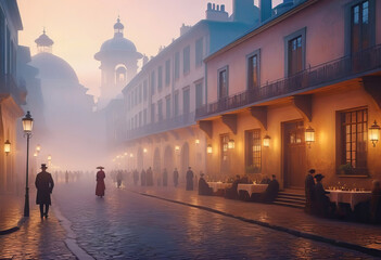 Oil painting of the old town of the 19th century in the evening with lanterns in the impressionist style with fog and smoke, street in the evening with lanterns in the old town. Old photo. - obrazy, fototapety, plakaty