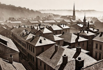 Naklejka premium Vintage black and white (sepia) photograph of the old town of the 19th century with fog and smoke, streets in the old town, Old photograph,