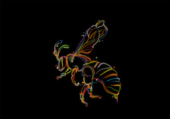Flying bee sketch, stylized vector hand drawing in colors over black