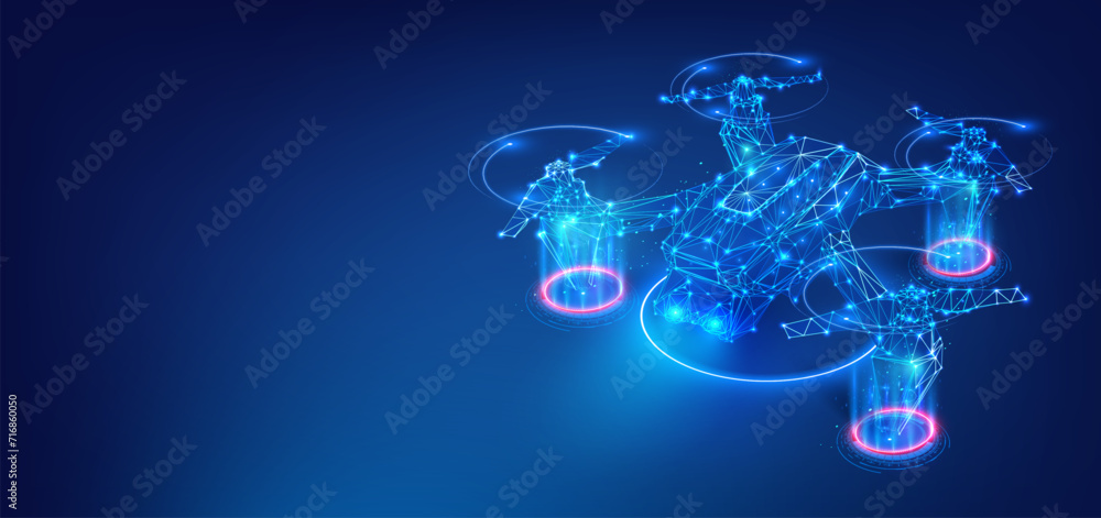 Leinwandbilder futuristic drone technology abstract. digital wireframe of drones flying, blue neon glow. olygonal l