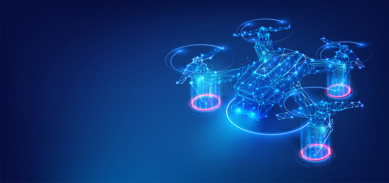 Futuristic Drone Technology Abstract. Digital wireframe of drones flying, blue neon glow. olygonal low poly background with connecting dots and lines. Futuristic digital low poly 3d drone flying.