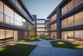 Eco friendly building in modern city, 3D rendering, sustainable glass office building to reduce CO2 emissions,