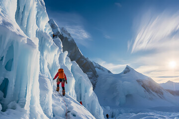 Person Climbing Snow Covered Mountains In Winter