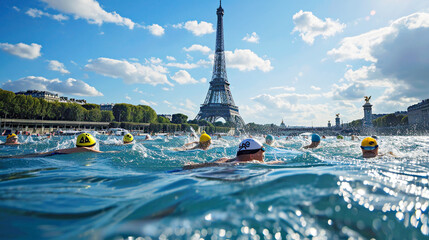 Athletes swimmers in the blue water of an open reservoir against the backdrop of Eiffel Tower, water splashing around