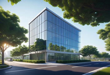 Fototapeta na wymiar Eco friendly building in modern city, 3D rendering, sustainable glass office building to reduce CO2 emissions,