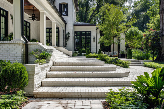 the steps at this ranch style home are made of white brick pavers