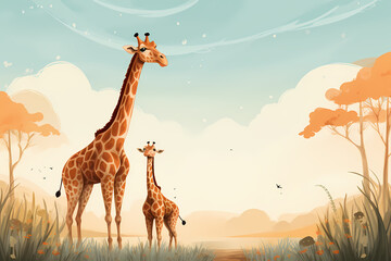 Giraffe With Baby In A Field