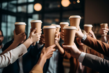 A team of colleagues in a celebratory moment, toasting with coffee cups after achieving a significant milestone, representing shared successes in the workplace - obrazy, fototapety, plakaty