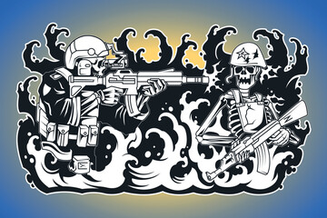 Cartoon soldiers skeletons with guns on wave. Vector illustration