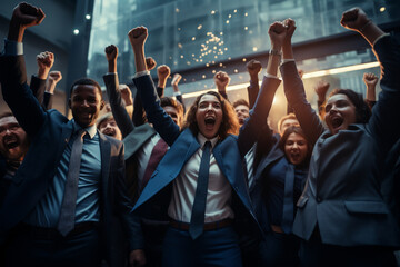 An inspiring depiction of a business team celebrating success, hands raised in a triumphant gesture, showcasing the collective strength and achievements of the team. - obrazy, fototapety, plakaty