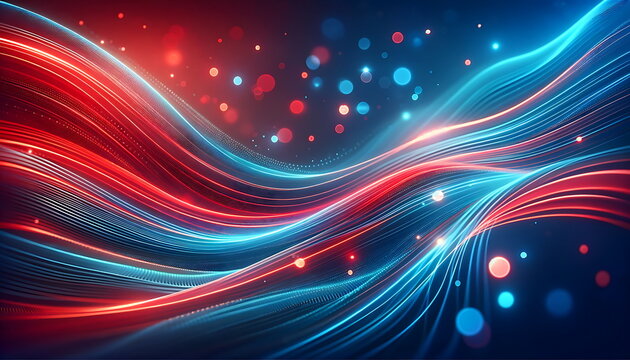 abstract background with red blue glowing neon lines and bokeh lights.