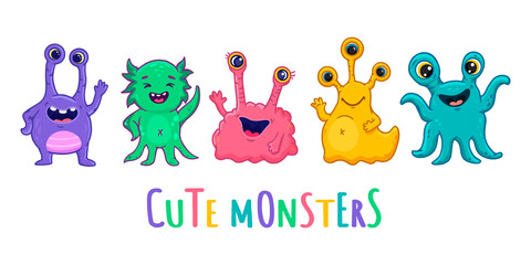 set of cartoon monsters. Cute monsters. Kids funny character design for posters, cards, magazins.