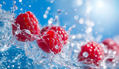 Ripe raspberries in splashes of water on a blue background, panorama
