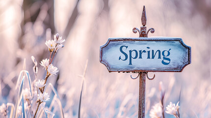 An old wooden pointer with the inscription spring in the spring forest. The concept of the coming of spring.