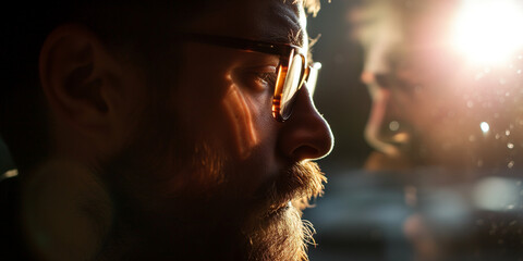 Bearded man with glasses in profile, reflecting light creates a bokeh effect, suggesting deep thought