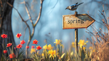 A small bird in the forest sits on a wooden sign with the inscription "Spring". The concept of the coming of spring.